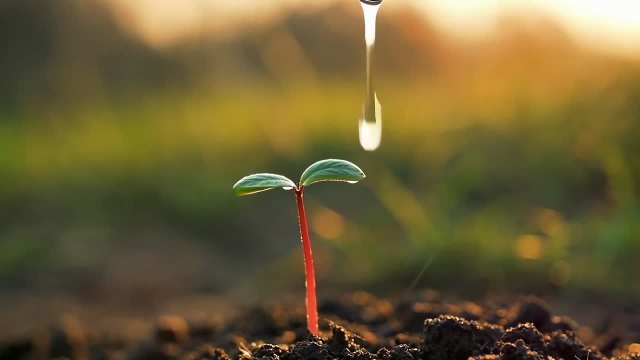 Nærbillede af en spirende plante i jord ved solopgang, fanget fra en lav vinkel, ideel til vækst.