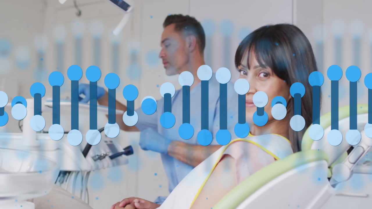 DNA strand animation over dentist working with patient in clinic