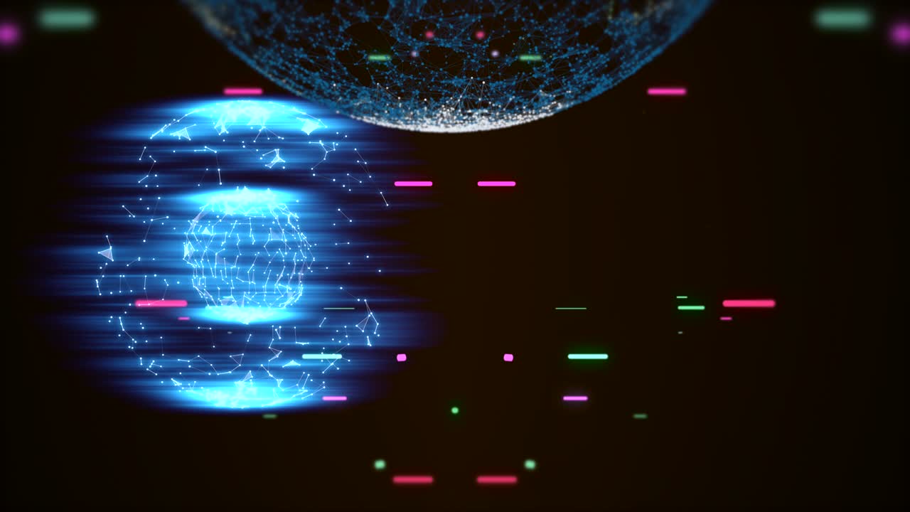 표면에 플렉서스 그리드가 있는 두 개의 추상적인 행성의 조명과 활동적인 다채로운 천체들이 희미해지기 전까지 날아다닙니다.