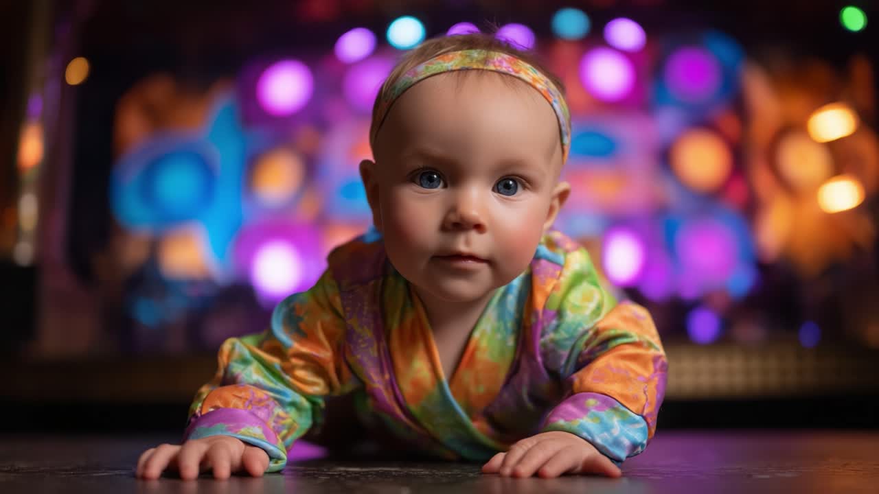 Sjarmerende baby i fargerikt antrekk som kryper på gulvet med en livlig bakgrunn og myk belysning, fengslende uttrykk og lekfull atmosfære av gledelig oppdagelse