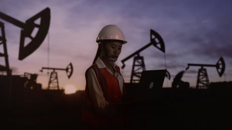 side view of asian female engineer with safety helmet inspects oil pumps at sunrise in a large oil field. working on a laptop and looking around