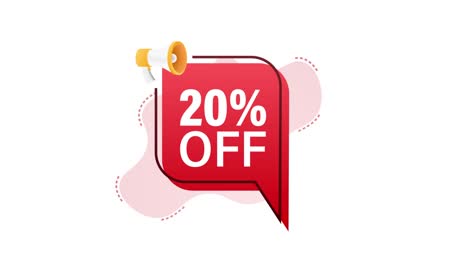 20 percent off sale discount banner with megaphone. discount offer price tag. 20 percent discount promotion flat icon. motion graphics 4k