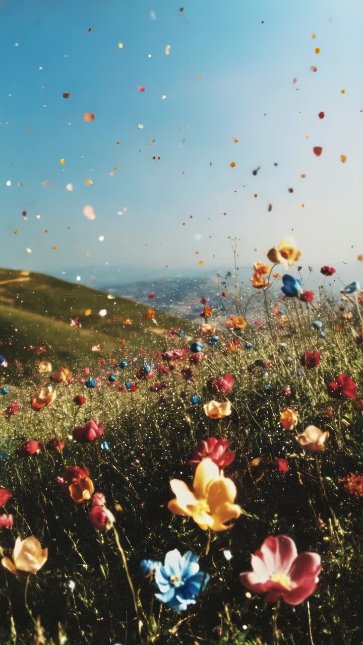 Un fermo immagine vibrante di fiori colorati in un prato, ripreso dal basso, con petali