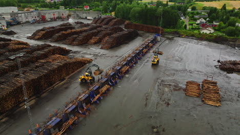 cargadores de agarre que mueven troncos de madera talada en el almacén de madera, elevador aéreo