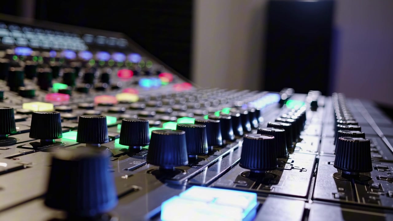 Primo piano di una console di missaggio audio professionale con controlli illuminati