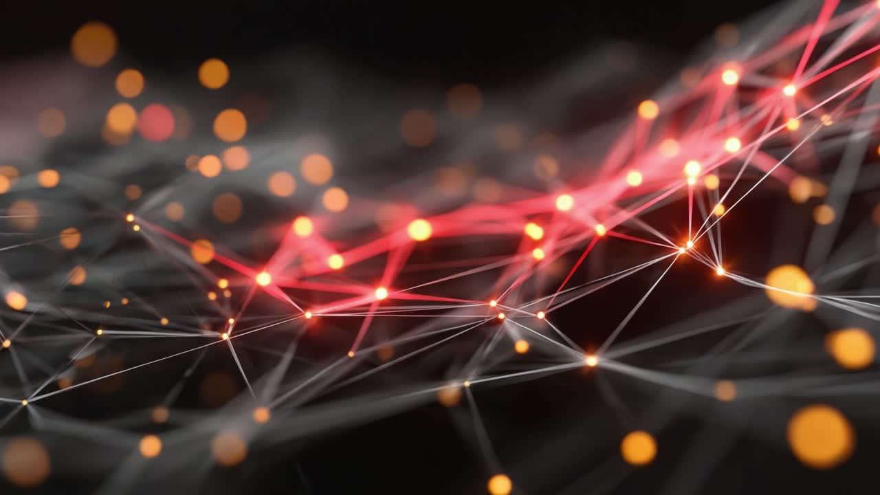 Intricate Network of Light: Captivating Visualization of Red and Orange Dots Interwoven in a Beautifully Structured Web of Lines and Colors