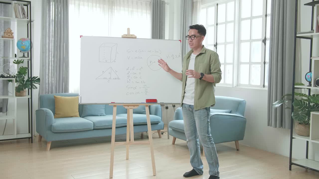 Full Body Of Asian Male Teacher With Glasses Teaching Math At Home