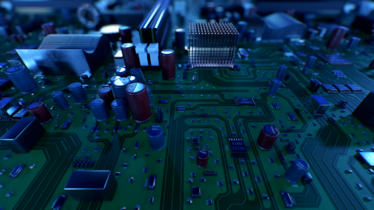 Flying Over the Circuit Board. Looped 3d Animation of Motherboard with DOF. Technology and Digital Concept.