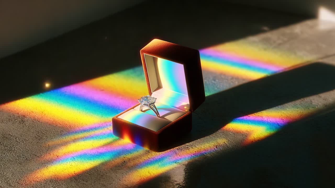 A Enchanting Display of a Sparkling Ring in an Open Jewelry Box, Capturing Beautiful Rainbow Reflections on a Subtle Surface Under Soft Lighting