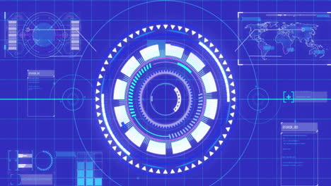 animation of circular scope scanning with world maps and information on blue background