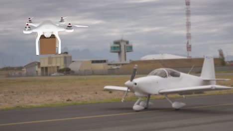 drone carrying a box and an airplane