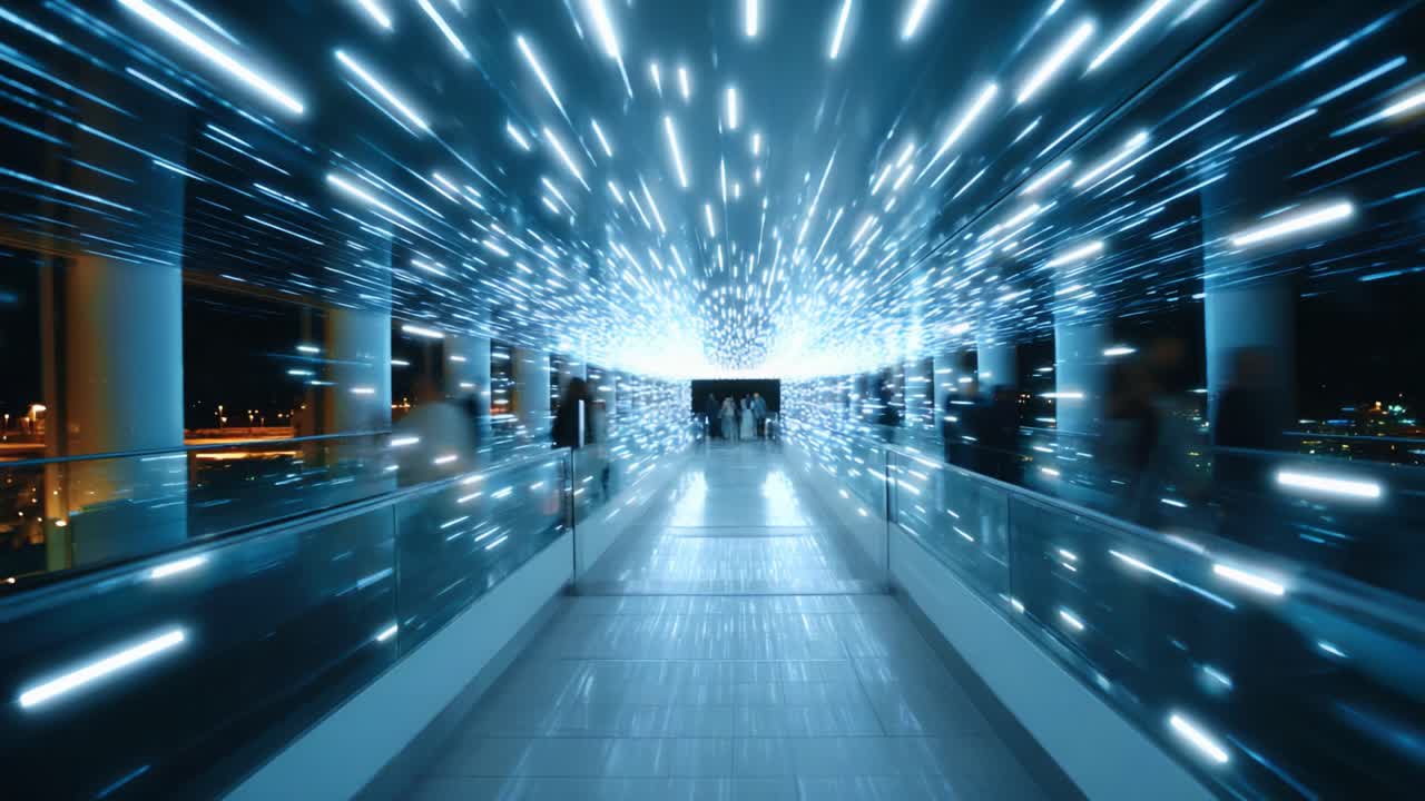 An Engaging Visual Voyage through a Futuristic Corridor Surrounded by Dynamic Light Flashes and Striking Radiance, Capturing the Essence of Modern Architecture and Digital Aesthetics in Motion