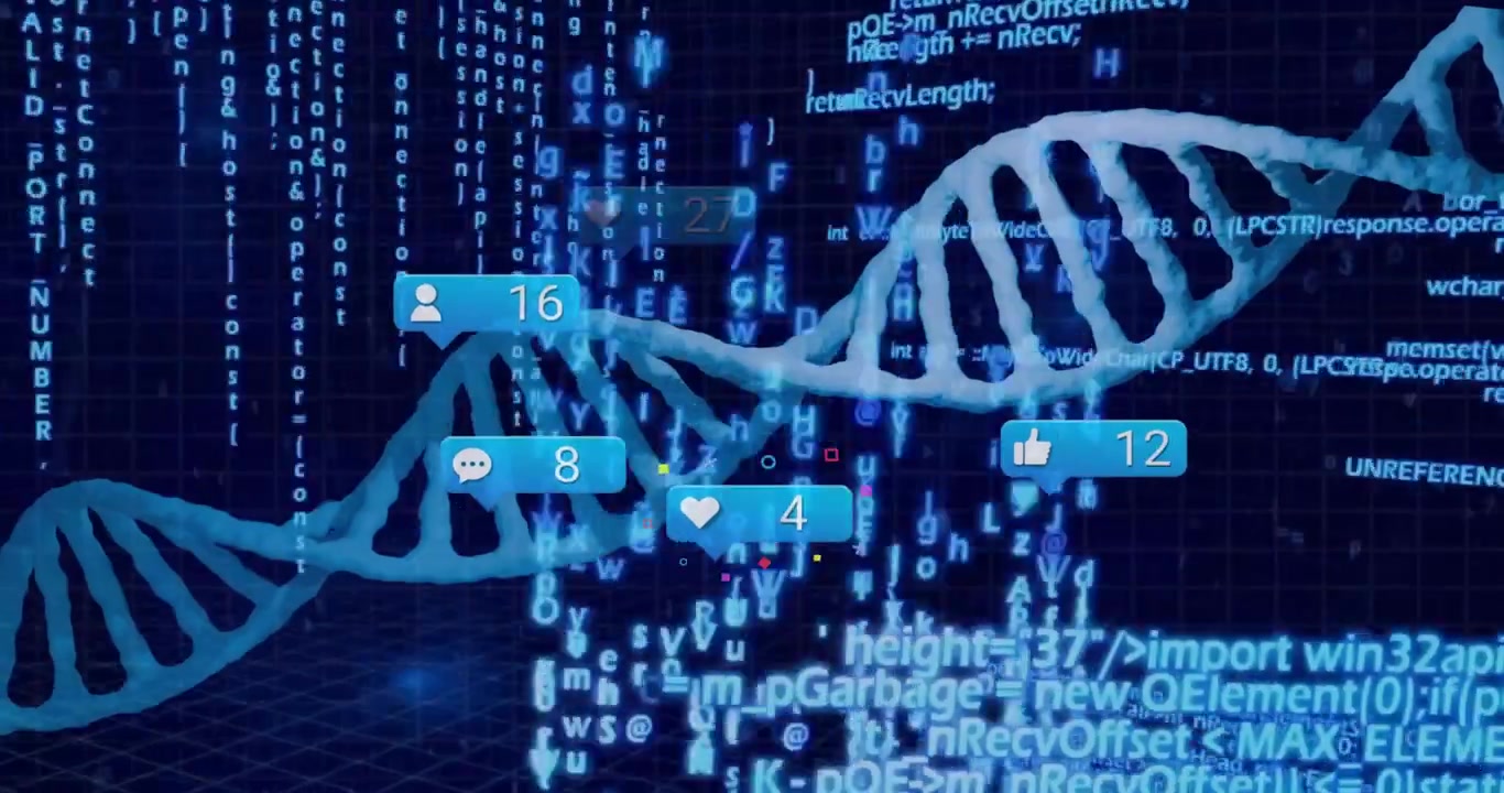 After code scroll, 3D DNA helix floating icons appearing and updating to show engagement