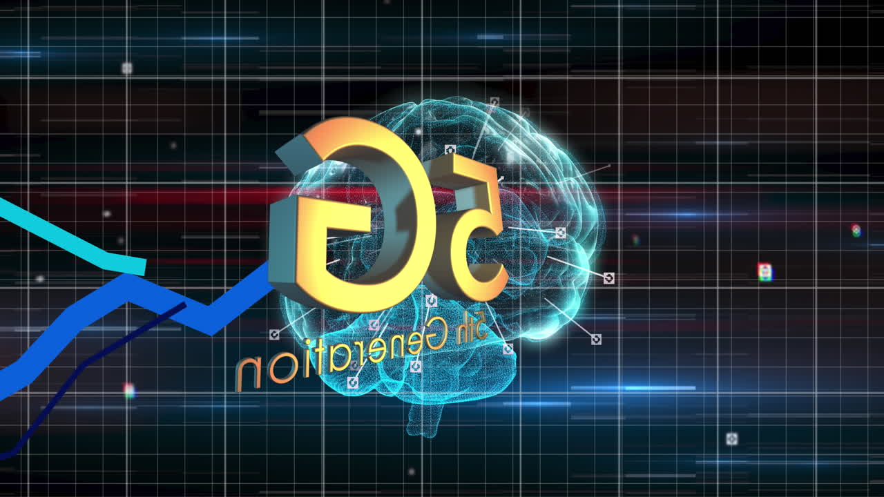 gráficos azules moviéndose sobre 5g texto contra el cerebro humano girando sobre fondo negro