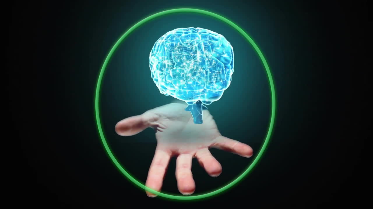 Animation of glowing brain and hand in green oval on dark background