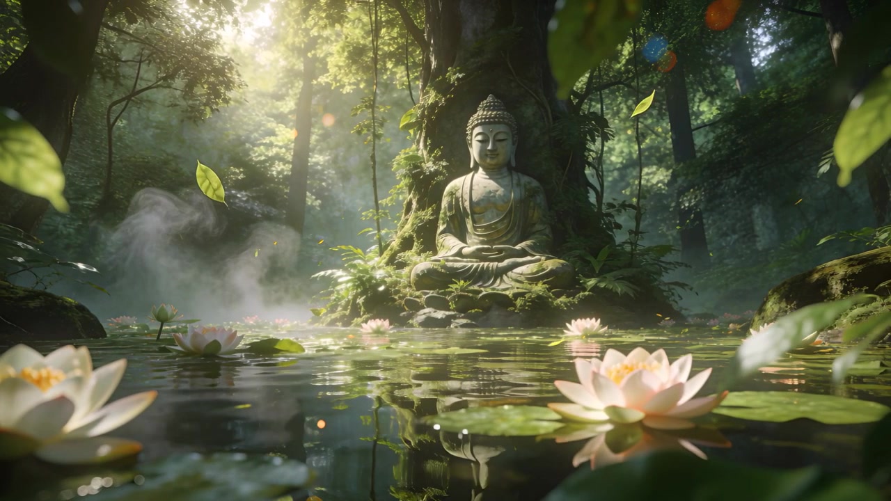 Una brezza leggera muove le foglie, una foglia cade nello stagno, la telecamera mostra un Buddha seduto, un loto si riflette.