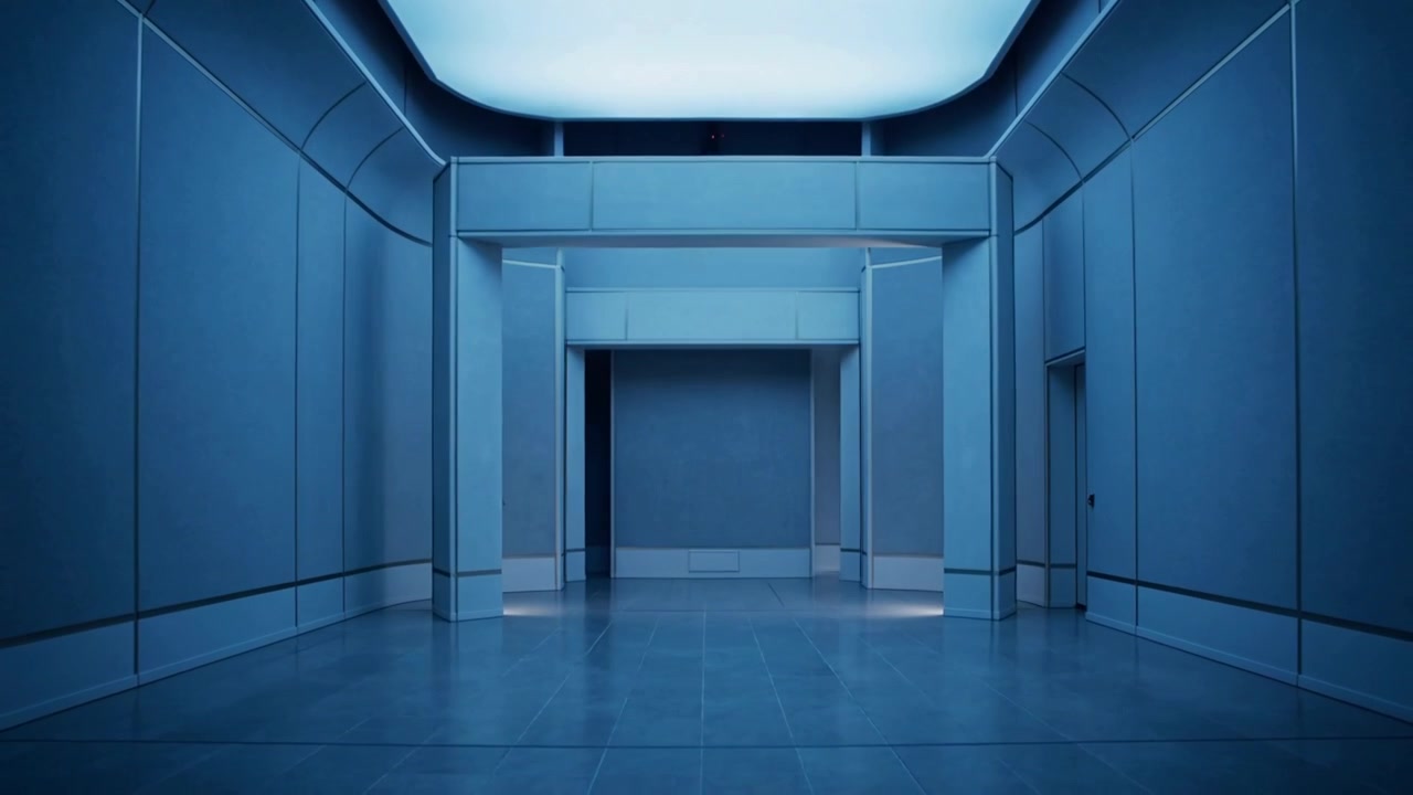 Telecamera che avanza rivelando un portale più profondo che si estende verso l'esterno in una camera blu fredda, con pavimento lucido.