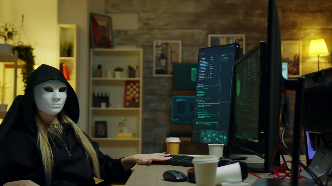 Hacker girl wearing a white mask to hide her identity