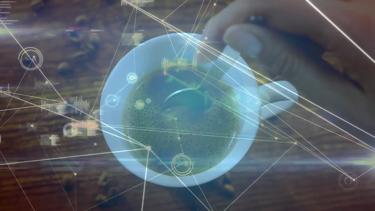 анимация сети соединений за чашкой кофе