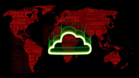 animación de computación en la nube sobre código binario mapa del mundo en rojo