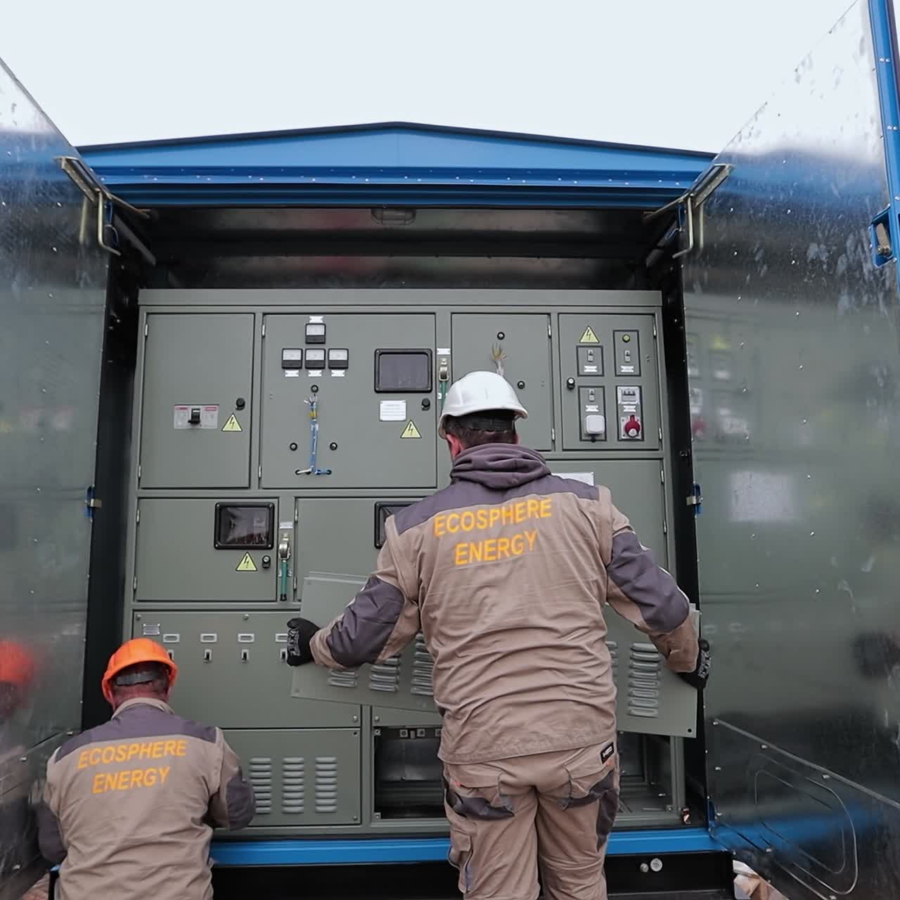 Technological equipment in the metal booth. Two workers preparing equipment for using it. Metal supports set on the ground at the backdrop