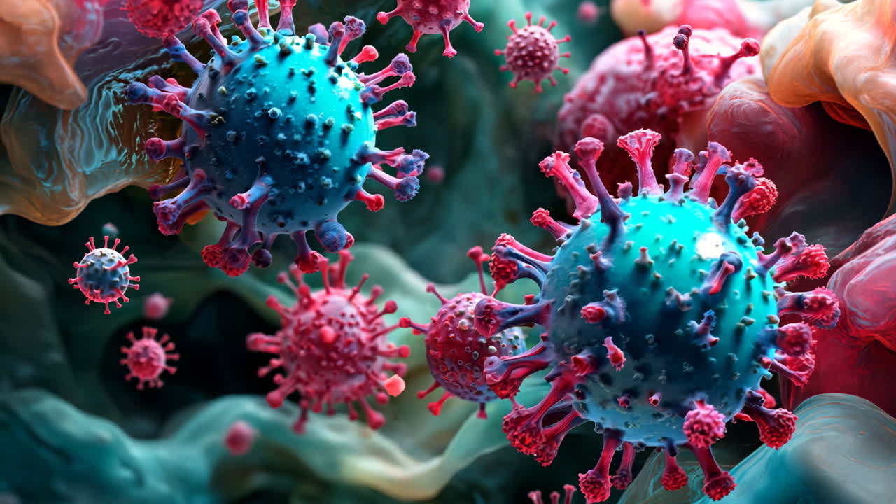 A colorful image of viruses in a cell. The viruses are in different colors and sizes, and they are all clustered together. Concept of chaos and disorder, as the viruses seem to be multiplying