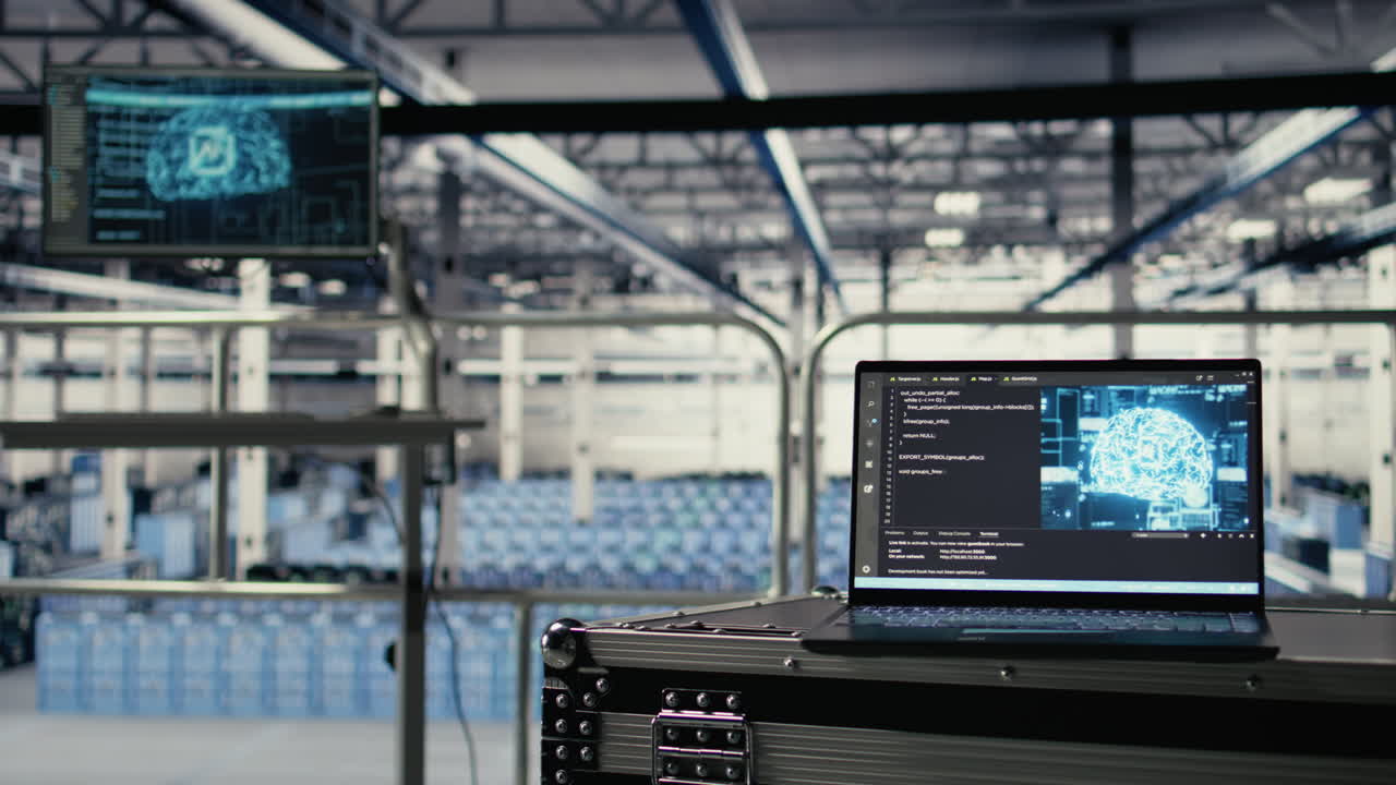 Neural Networks Tech On Notebook In Industrial Data Center Facility