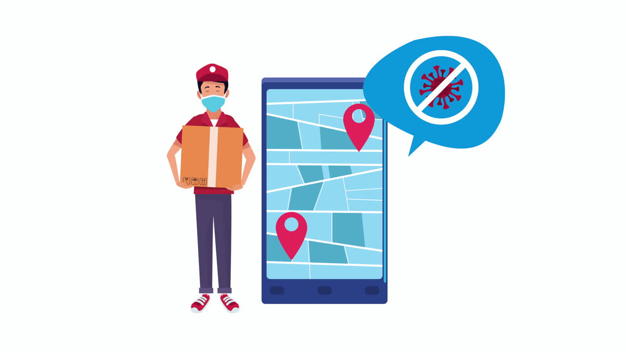 campaña de detención de covid-19 con trabajador de entrega y teléfono inteligente