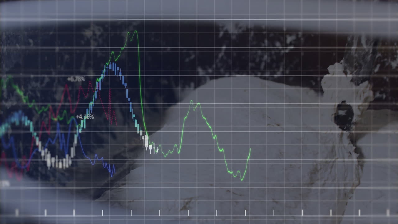 Graph lines and data overlaying snowy mountain landscape, showcasing animation analysis