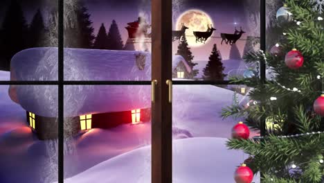 Animation-of-winter-scenery-with-santa-in-sleigh-with-reindeer