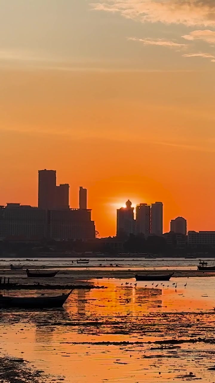 Sunset view with boats and city skyline