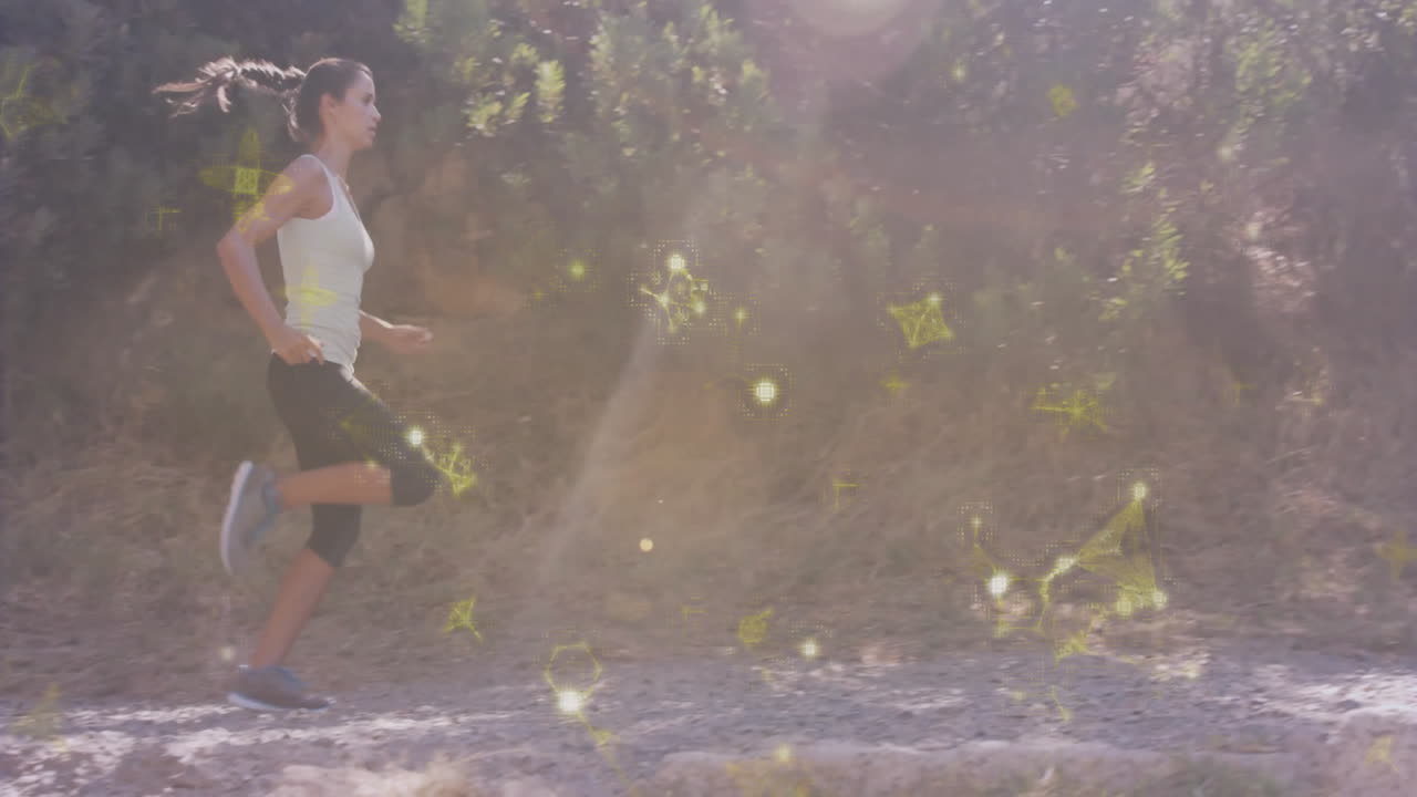 Jogging on trail, woman surrounded by glowing yellow particles like animation