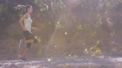 jogging on trail, woman surrounded by glowing yellow particles like animation