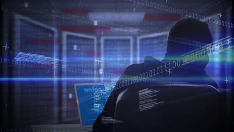 animación del procesamiento de codificación binaria sobre un hacker de computadoras caucásico en balaclava usando una computadora portátil
