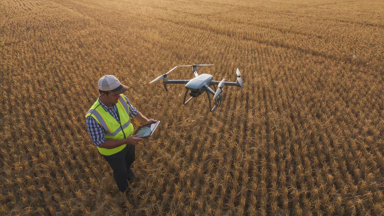 Monitoring drone hovering low, operator wearing hi-vis vest, cap checking telemetry in wheat field