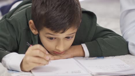 Smart-Boy-doing-his-homework-lying-at-home