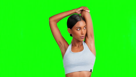 Green-screen,-face-or-woman-stretching-in-fitness