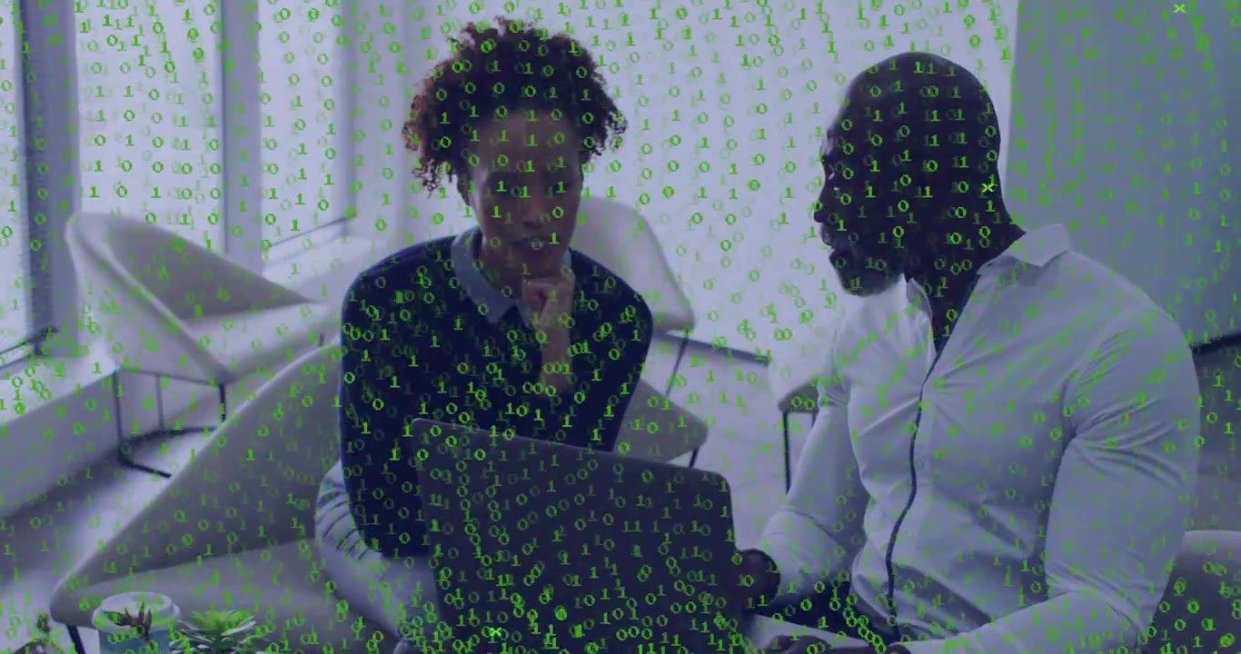 Vertical video: Man tapping laptop and woman pointing causing tech binary overlay and checking data