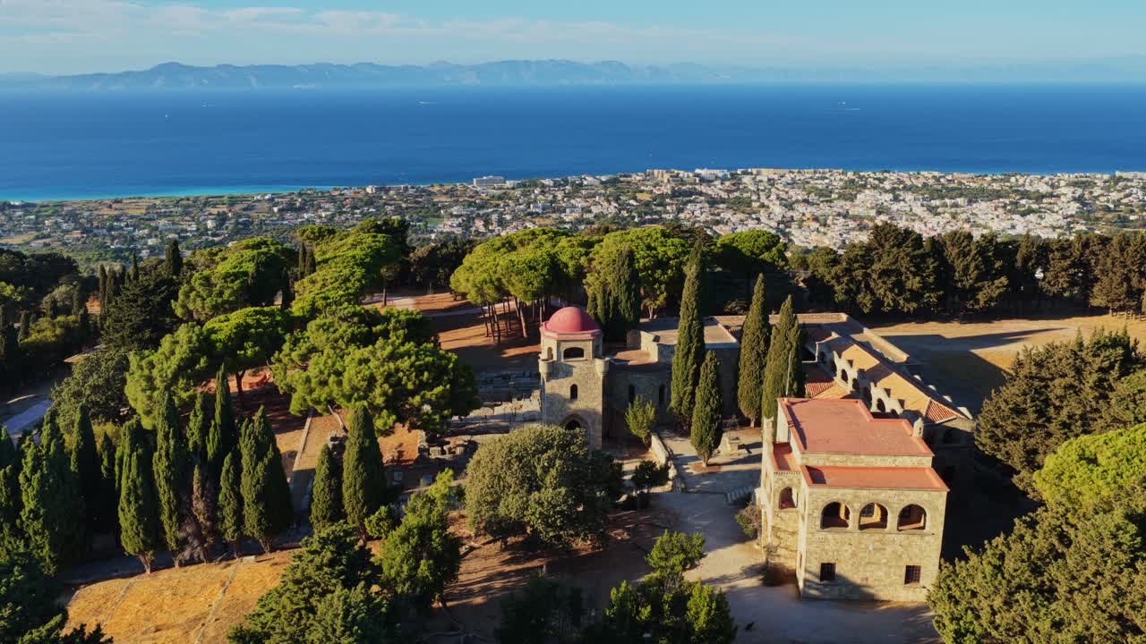 Aerial view of Filerimos Monastery in Rhodes, Greece