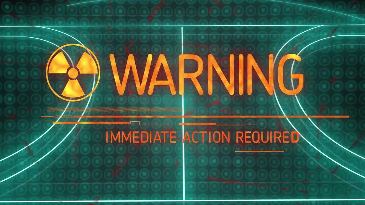Radiation warning sign with text Immediate Action Required on digital background