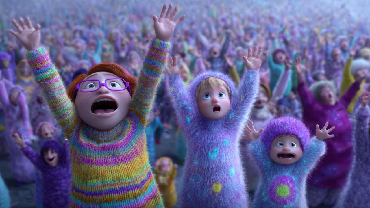 A colorful crowd of excited characters in matching fuzzy outfits raise their hands in joyful celebration amidst a backdrop filled with enthusiastic supporters, creating a vibrant and energetic scene