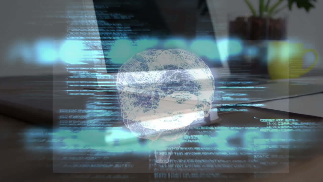 인간 뇌의 애니메이션과 책상 위의 컴퓨터를 통해 데이터 처리를