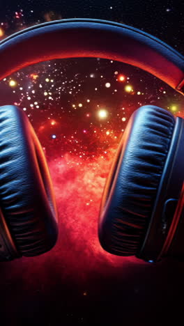a pair of headphones is shown in a red and purple background. the headphones are black and have a red and purple design. the headphones are positioned in the center of the image