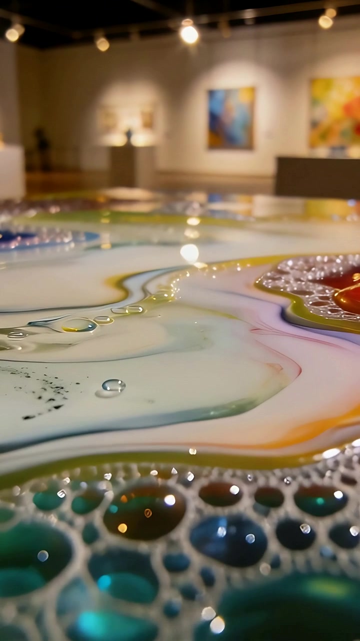 Video verticale: Telecamera che si allontana mentre il liquido si sposta, rivelando un pannello versato in galleria, bolle