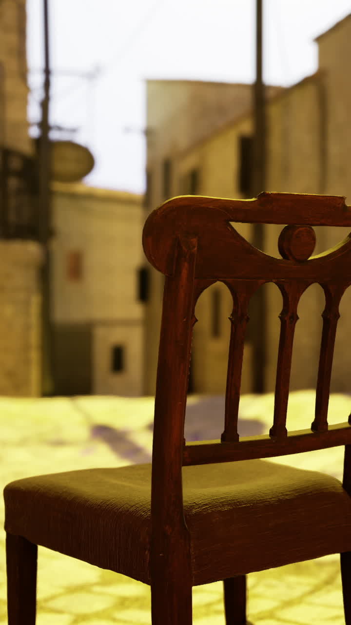 Empty wooden chair placed in a sunlit alley of a historic village