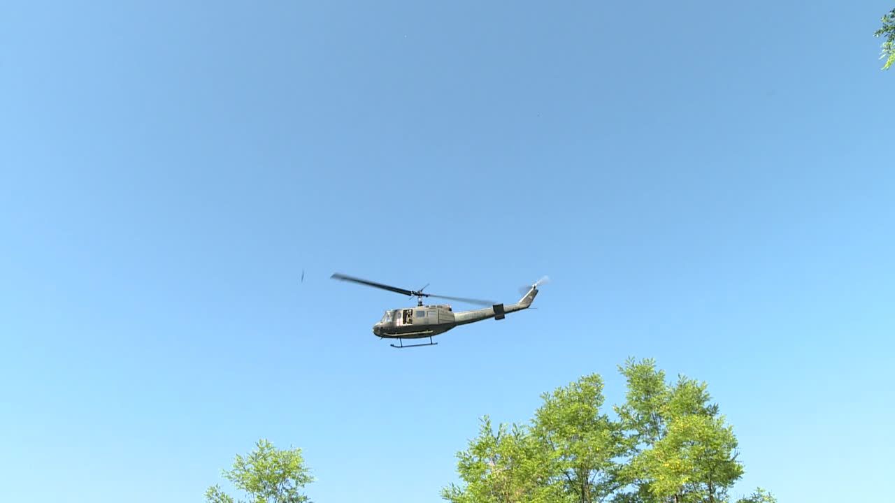 A military medical helicopter flies around