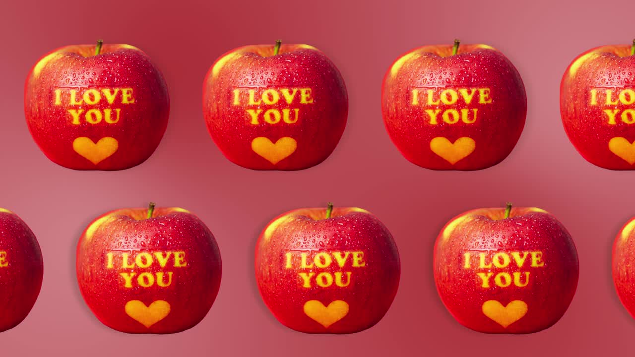 dos líneas con manzana con la inscripción te quiero el corazón se mueve en diferentes direcciones en un fondo rojo. concepto romántico de vacaciones de san valentín.