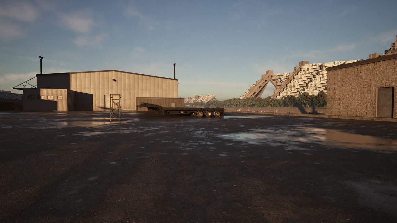 sitio industrial abandonado con estructuras y equipos a la luz de la mañana temprano