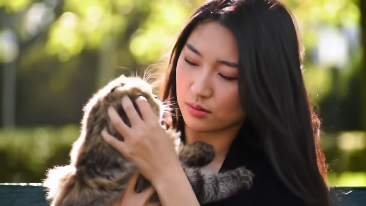 A Serene Moment: A Young Woman Enjoys a Touching Embrace with Her Adorable Feline Companion in a Sunlit Park Setting