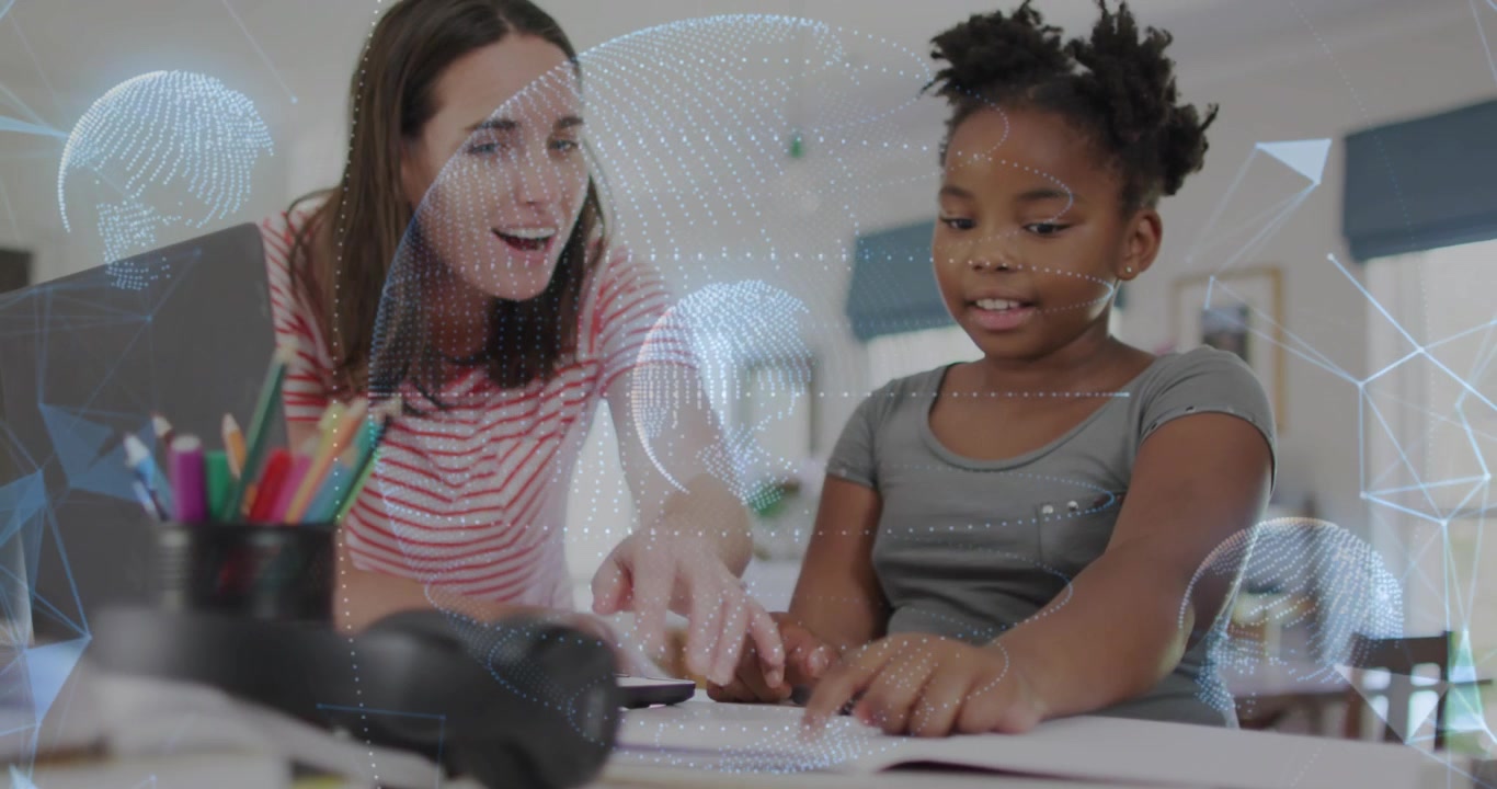 Tutor leaning and pointing kid following finger and reading aloud while tech dots glowing teaching